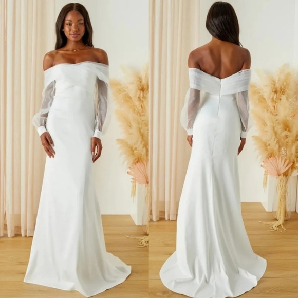Lulus Blissfully Loved White Satin Organza Off-the-Shoulder Maxi Dress XL Bride - Picture 1 of 12